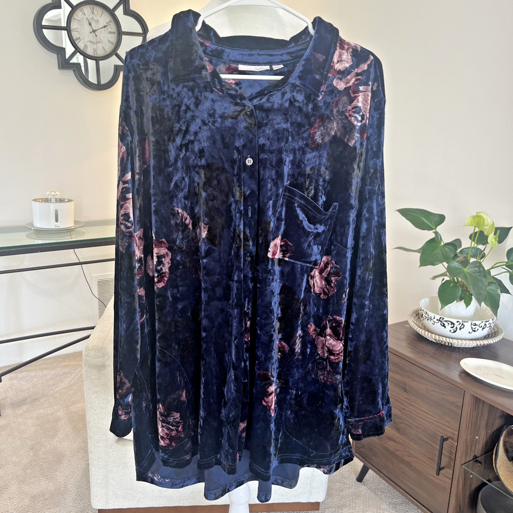 Kim Gravel Belle Button Shirt Womens Size 3X Crushed Velvet Floral Pockets Navy